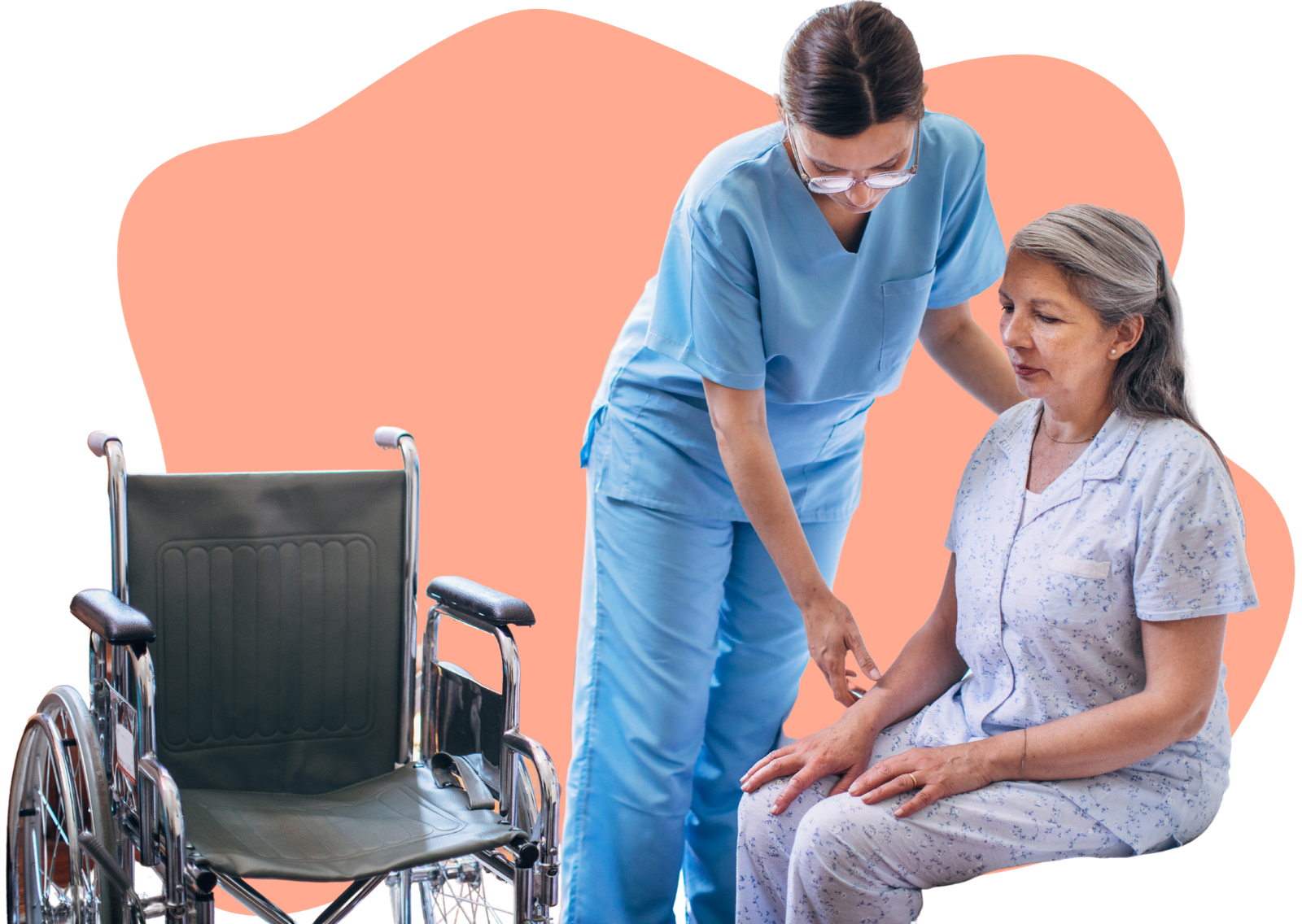 female nurse helping elderly to a wheelchair